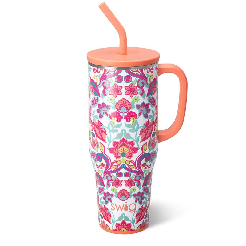 Swiglife 40oz Mega Mug 40oz Tumbler with Handle and Straw Extra Large Insulated Tumblers Cup Holder Friendly Travel Mug Flourish