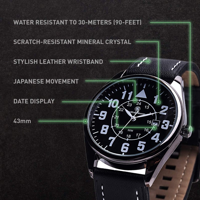 Smith & Wesson Men's Civilian Watch, 3ATM, Tough Stainless Steel case, Genuine Leather Strap, Tactical Watch, Precision Quart, Scratch Resistant, 43mm, Christmas Gift - Image 3