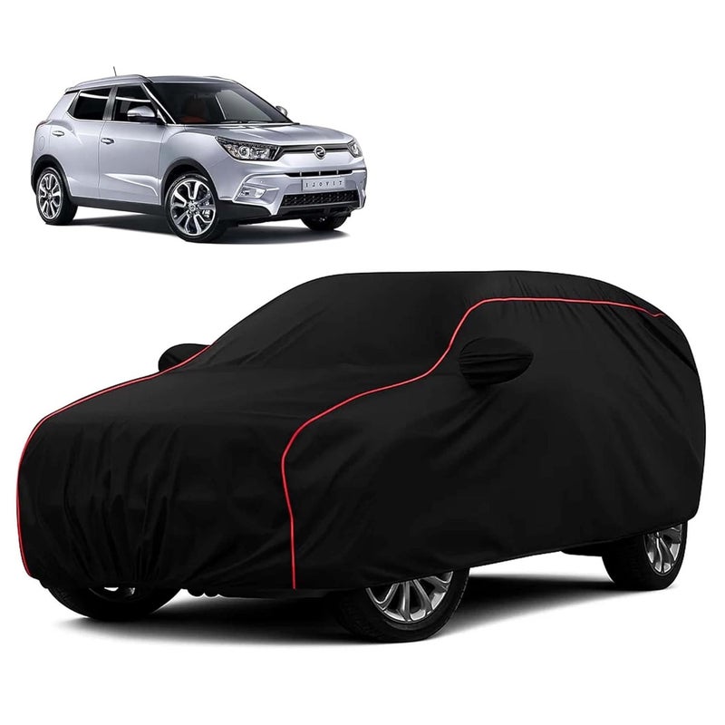 sulfar 100% Water Resistant Car Body Cover Compatible with Mirror for SsangYong Tivoli (Triple Stitched, Full Bottom Elastic, Black with Red Piping) - Image 1