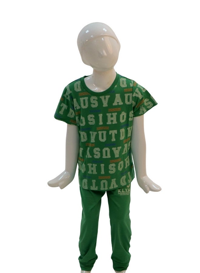 JOANNA JOANNA Boy's Brooklyn Print Short Sleeve Shirt & Long Pants Pajama Set, Green - Image 1