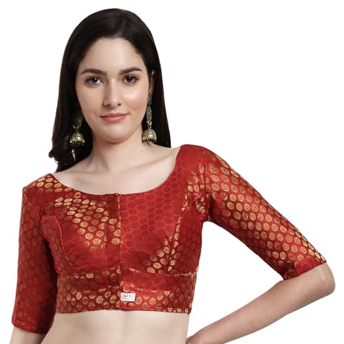 JISB Women's Brocade Round Neck Elbow Sleeve Blouse (36, Red) - Image 1
