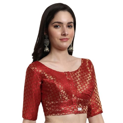 JISB Women's Brocade Round Neck Elbow Sleeve Blouse (36, Red) - Image 2