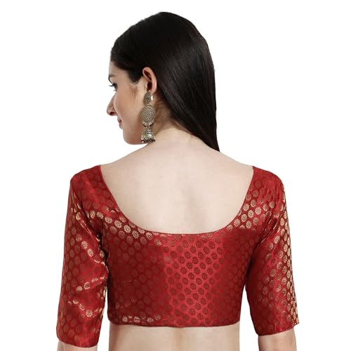 JISB Women's Brocade Round Neck Elbow Sleeve Blouse (36, Red) - Image 3