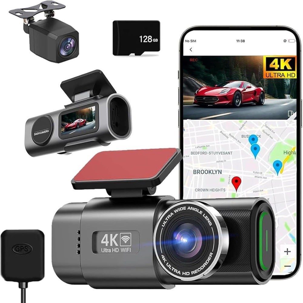 4K Dash Cam Front and Rear for Cars GPS WiFi 128GB Card