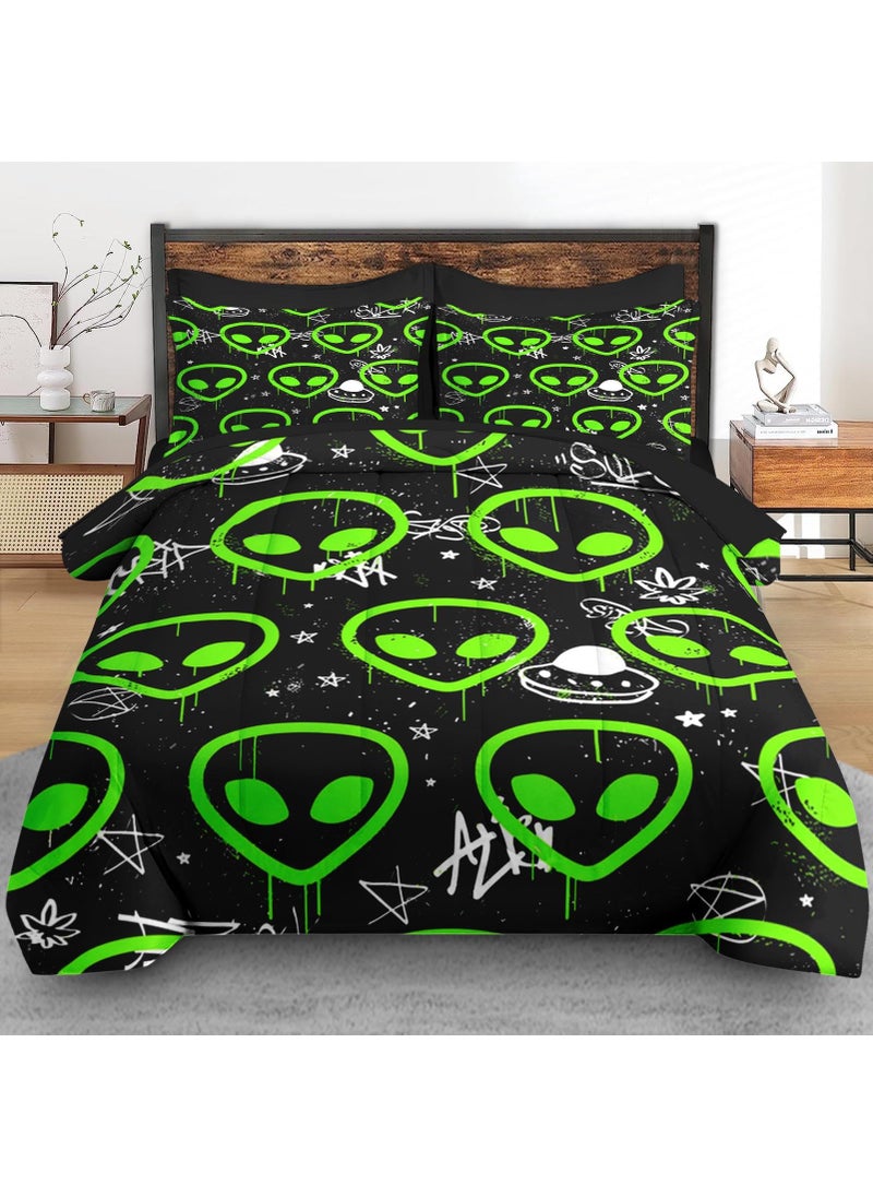 Pamnest Pamnest Comforter Set Full Size  Neon Green Cute 7 Pcs Bedding for Kids and Adults  Space Line Cartoon Bed Sheet Sets with Fitted Sheet 2 Pillowcases & 2 Shams for Bedroom Bed Decor  - Image 3