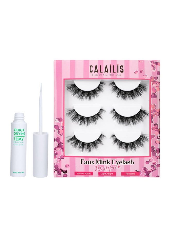 Calailis - False Eyelash, Eye Makeup Lash 3D Faux Mink Fake Eyelash Long Natural Eyelashes 3 Pairs With 5G False Eyelash Glue (Cs31) - Image 1
