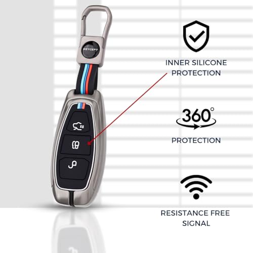 KEYCEPT Metal Alloy Key Cover Compatible for Fo-rd Eco-Sport 3 Button Smart Key with Keychain (Short Keychain). - Image 5