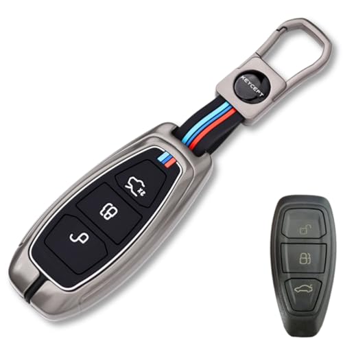 KEYCEPT Metal Alloy Key Cover Compatible for Fo-rd Eco-Sport 3 Button Smart Key with Keychain (Short Keychain). - Image 1