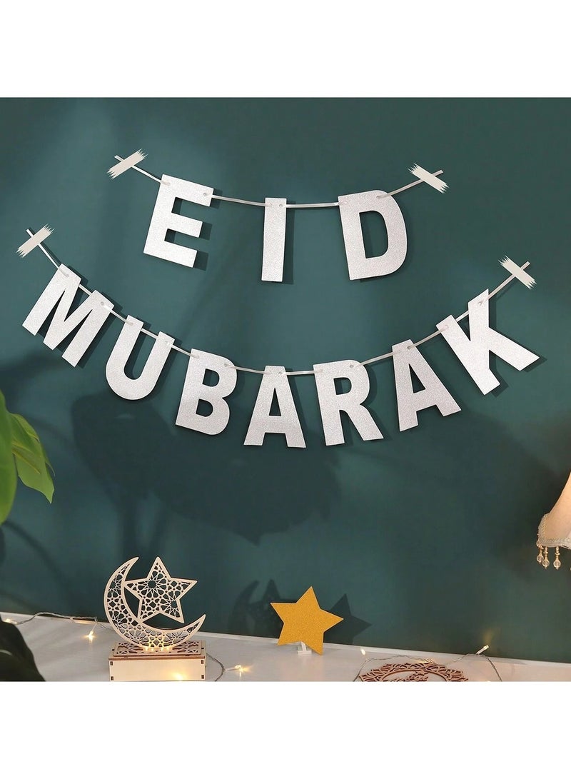 Eid al-Adha Decorations Large Silver Letters Eid Mubarak Banner for Eid al-Adha Celebration and Eid Decorations  - Image 1