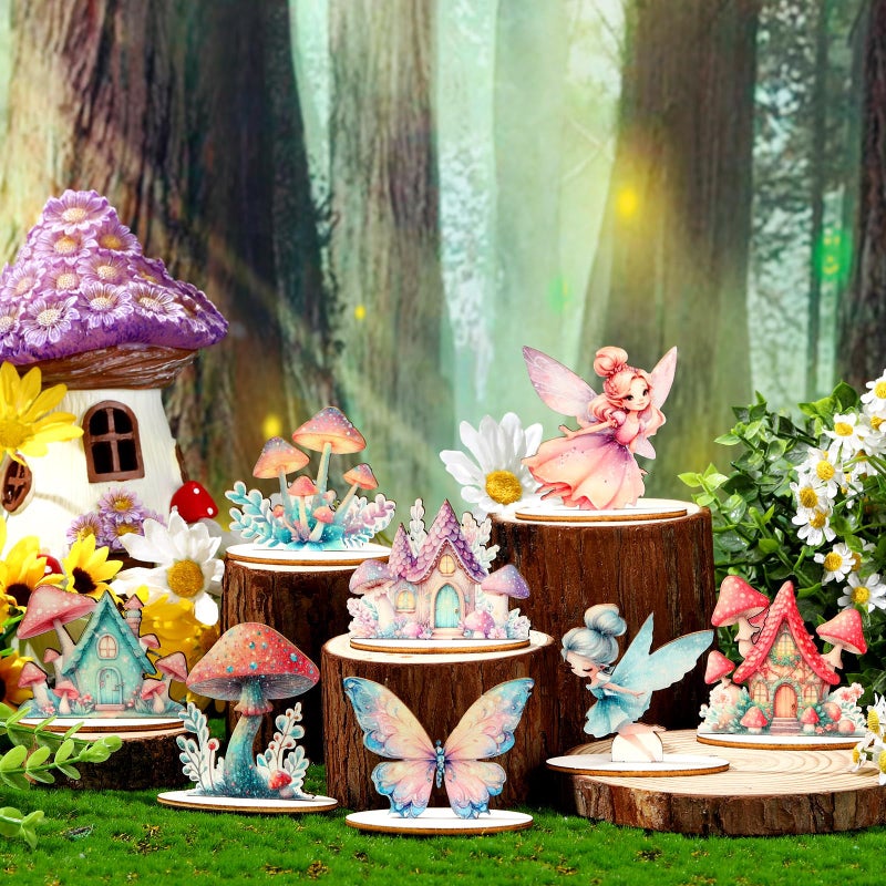 VercanMonth 16 Pcs Fairy Party Decorations Wooden Fairies Centerpieces Table Topper Vintage Fairies Mushroom Butterfly Decorations for Home Table Woodland Forest Birthday Party Decor - Image 3
