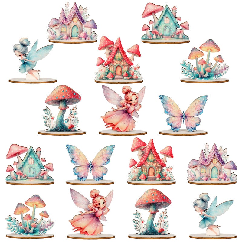 VercanMonth 16 Pcs Fairy Party Decorations Wooden Fairies Centerpieces Table Topper Vintage Fairies Mushroom Butterfly Decorations for Home Table Woodland Forest Birthday Party Decor - Image 1