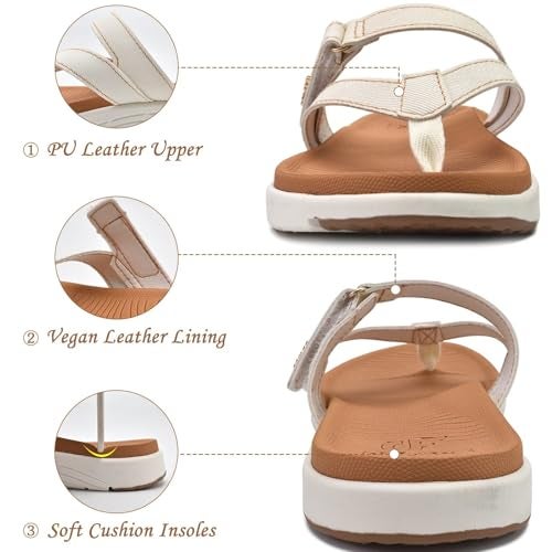 COFACE Womens Orthopedic Flip Flops Ladies Slip On Athletic Yoga Mat Memory Foam Cushioned Recovery Walking Thong Sandals Summer Beach Pool Slippers Plantar Fasciitis Arch Support White Brown Size 7 - Image 5