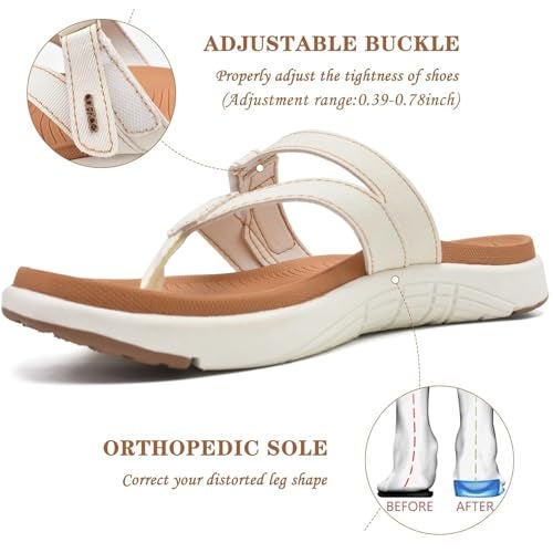 COFACE Womens Orthopedic Flip Flops Ladies Slip On Athletic Yoga Mat Memory Foam Cushioned Recovery Walking Thong Sandals Summer Beach Pool Slippers Plantar Fasciitis Arch Support White Brown Size 7 - Image 4