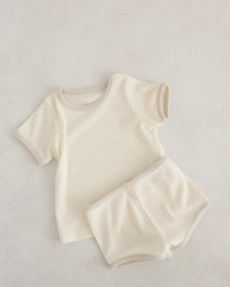 Korean Ins Solid Candy Edge Tee Shorts Set rice apricot 