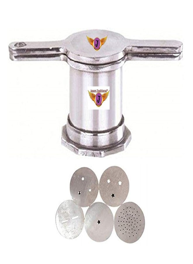Ganesh ganga Aluminium Sevanazhi/Sevai Nazhi/Sev Sancha/Gathiya Murukulu/Janthikulu Idiyappam Maker with Free 5 Different Jali/Silver/Small - Image 1