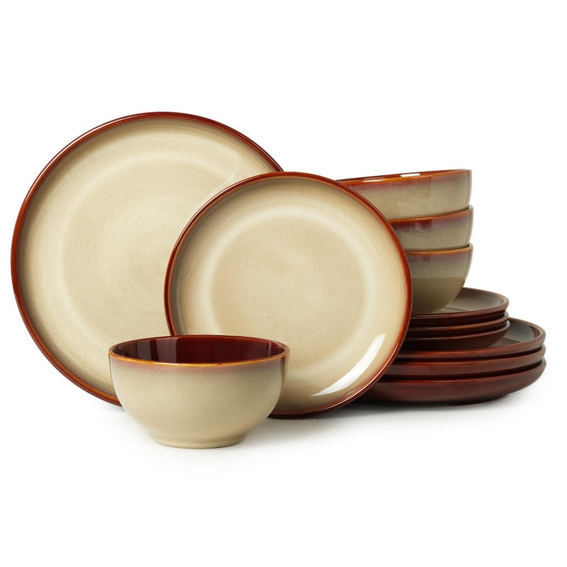 Pokini Stoneware Dinnerware Sets, Ceramic Plates and Bowls Set, Microwave & Dishwasher Safe Kitchen Dish Set, Modern Dinner Salad Plates | Cereal Bowls for 4, Dishware Sets Brown Yellow - Image 1