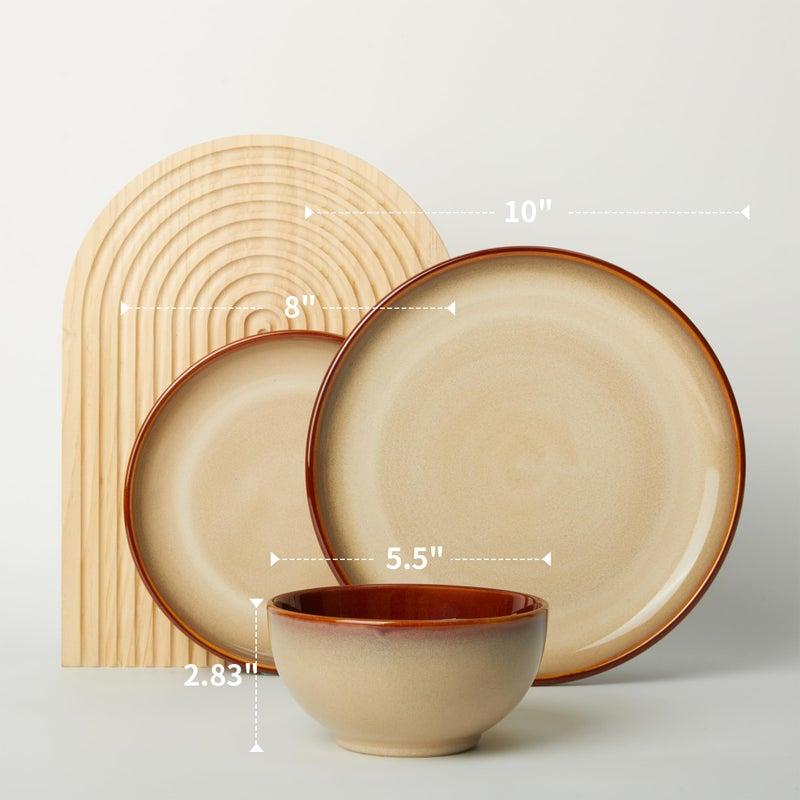 Pokini Stoneware Dinnerware Sets, Ceramic Plates and Bowls Set, Microwave & Dishwasher Safe Kitchen Dish Set, Modern Dinner Salad Plates | Cereal Bowls for 4, Dishware Sets Brown Yellow - Image 2