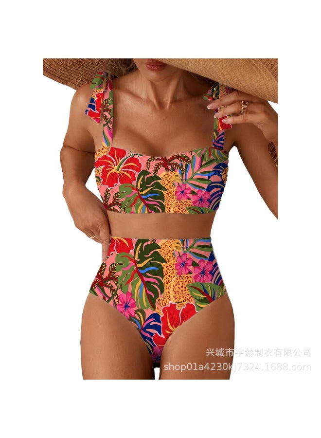 New Style 2-piece Polka Dot Print Slit High-waist Swimsuit Bikini Set Beach