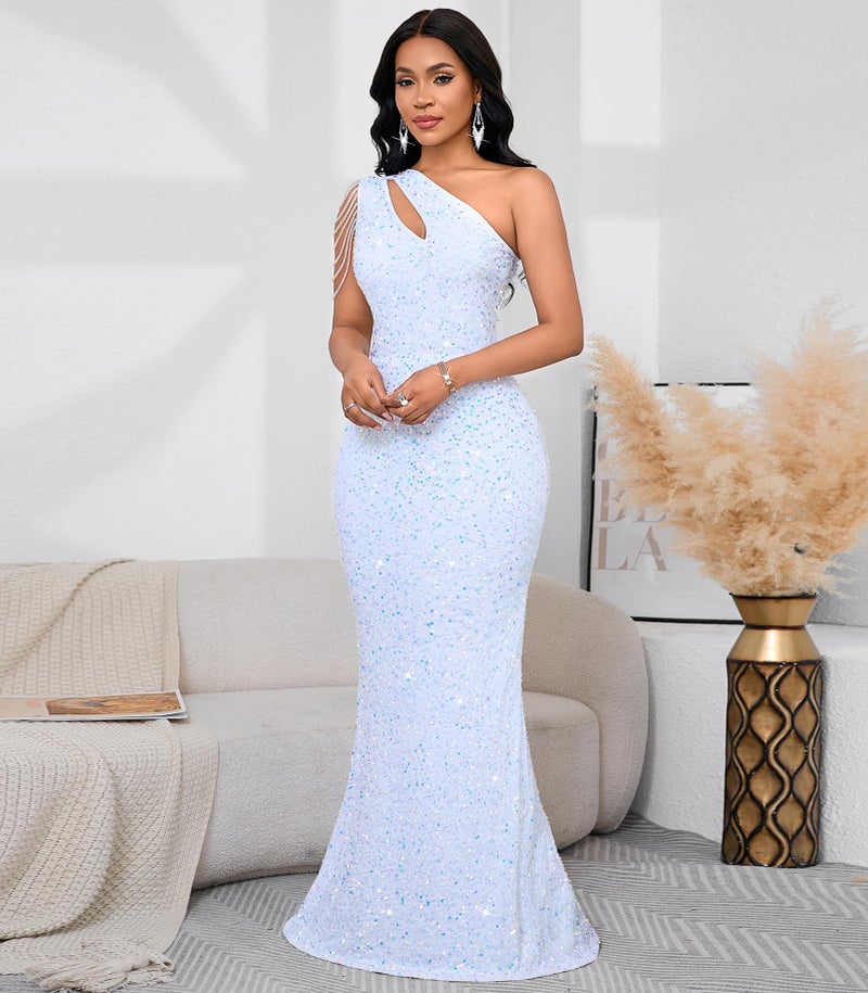 Cololura Women Sequin Elegant Sexy One Shoulder Tassel Mermaid Bodycon Cocktail Evening Dress White - Image 3