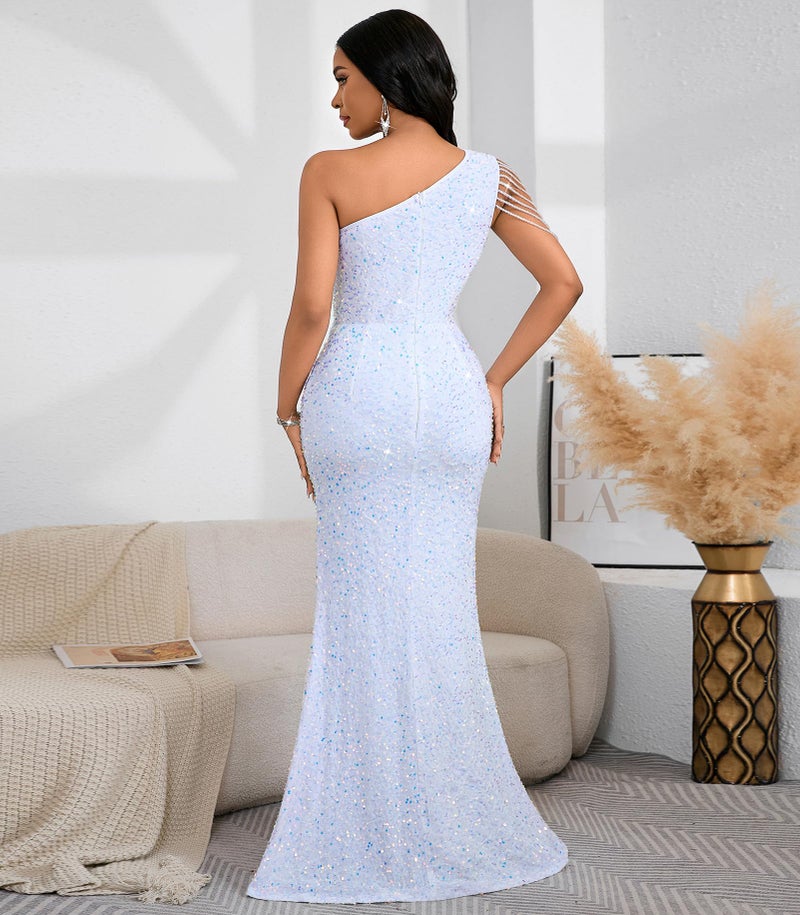 Cololura Women Sequin Elegant Sexy One Shoulder Tassel Mermaid Bodycon Cocktail Evening Dress White - Image 5