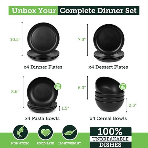 Grow Forward 16-piece Premium Wheat Straw Dinnerware Sets for 4 - Unbreakable Dishwasher & Microwave Safe Plastic Plates and Bowls Sets - Patio, Outdoors, RV, Camping Dishes - Midnight - Image 3