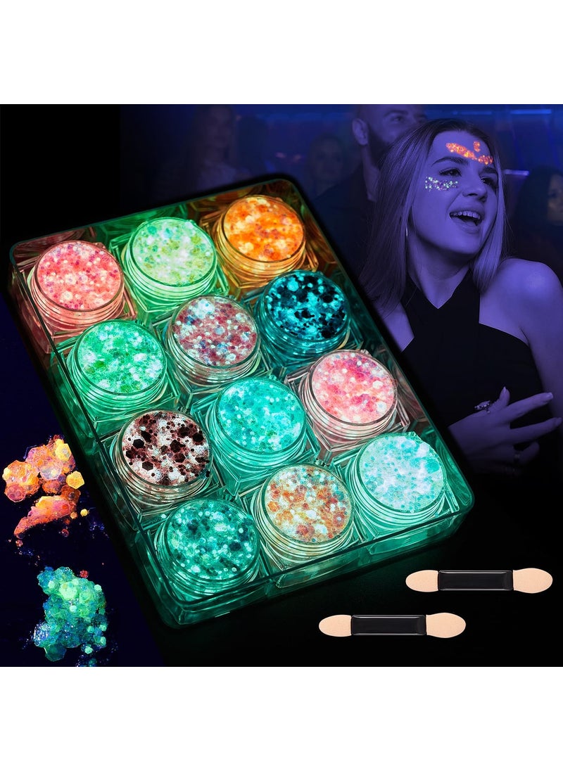SWAKER - 12 Colors Glow in The Dark Glitter Gel, UV Black Light Glitter for Body/Face/Hair/Eyeshadow, Chunky Makeup Fine Glitter, Face Glitter Gel Body Glitter Gel for Halloween Makeup Carnival Party - Image 1