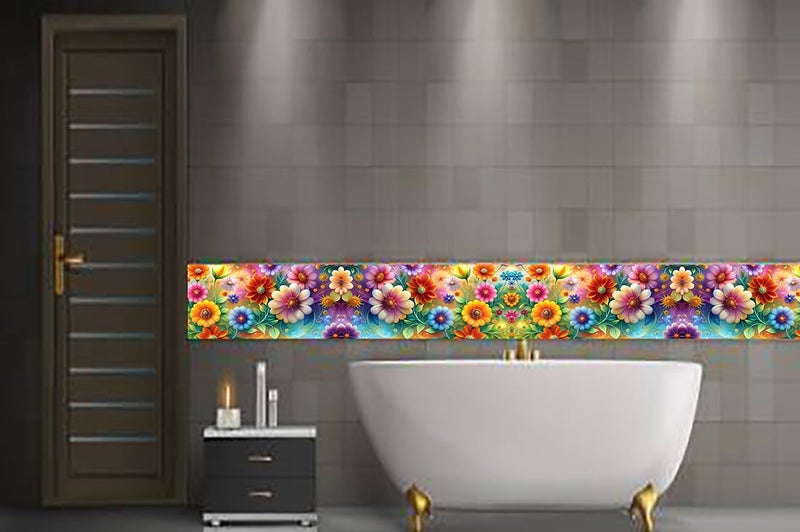 Floral Peel & Stick Tile Border Sticker – 6x48 Inch Waterproof Self-Adhesive Wall Décor Strip with Gradient Background for Kitchen, Bathroom, Home & Craft Projects (6, Multicolor) - Image 4