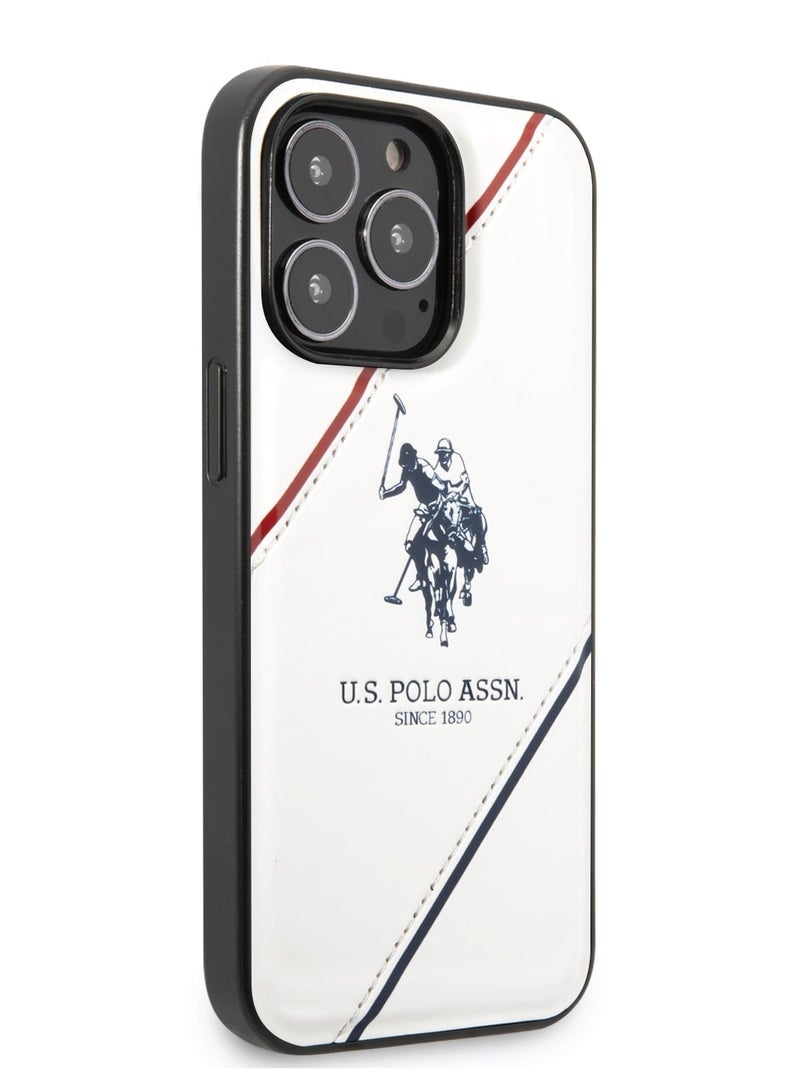 يو اس بولو غطاء جلد PU مع خط مزدوج منقوش وشعار حصان لهاتف آیفون 14 برو -ابیض - Image 3
