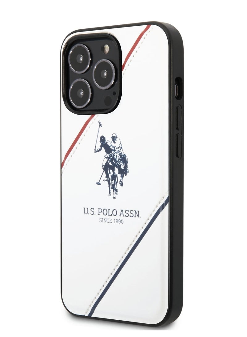 يو اس بولو غطاء جلد PU مع خط مزدوج منقوش وشعار حصان لهاتف آیفون 14 برو -ابیض - Image 4