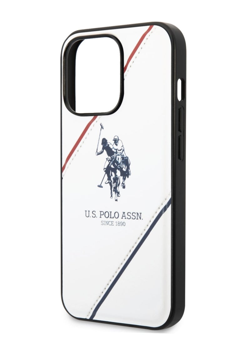 يو اس بولو غطاء جلد PU مع خط مزدوج منقوش وشعار حصان لهاتف آیفون 14 برو -ابیض - Image 1