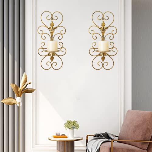 JUCONSIN Set of 2 Wall Sconces Candle Holders Metal Wall Decoration Hanging Wall Mounted Candle Sconces for Home Decor Bedroom Dining Room, Antique Gold - Image 5