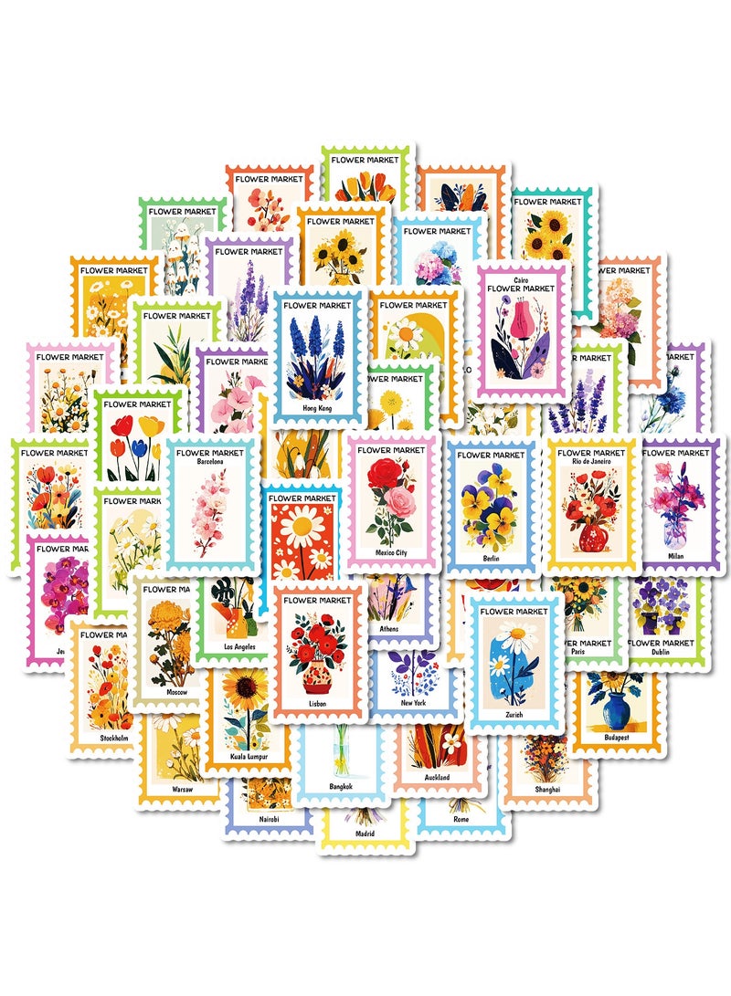 50Pcs Flower Themed Post Stamp Stickers for Scrapbook Junk Journal Planner Diary Envelope Letter Card Making Collage Gift Wrapping Phone Case Craft Decoration - Image 1