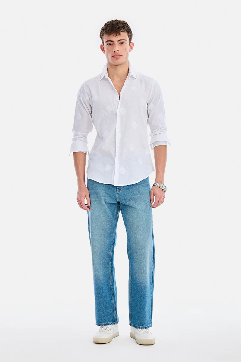 سنيتش White Textured Long Sleeve Slim Fit Casual Shirt