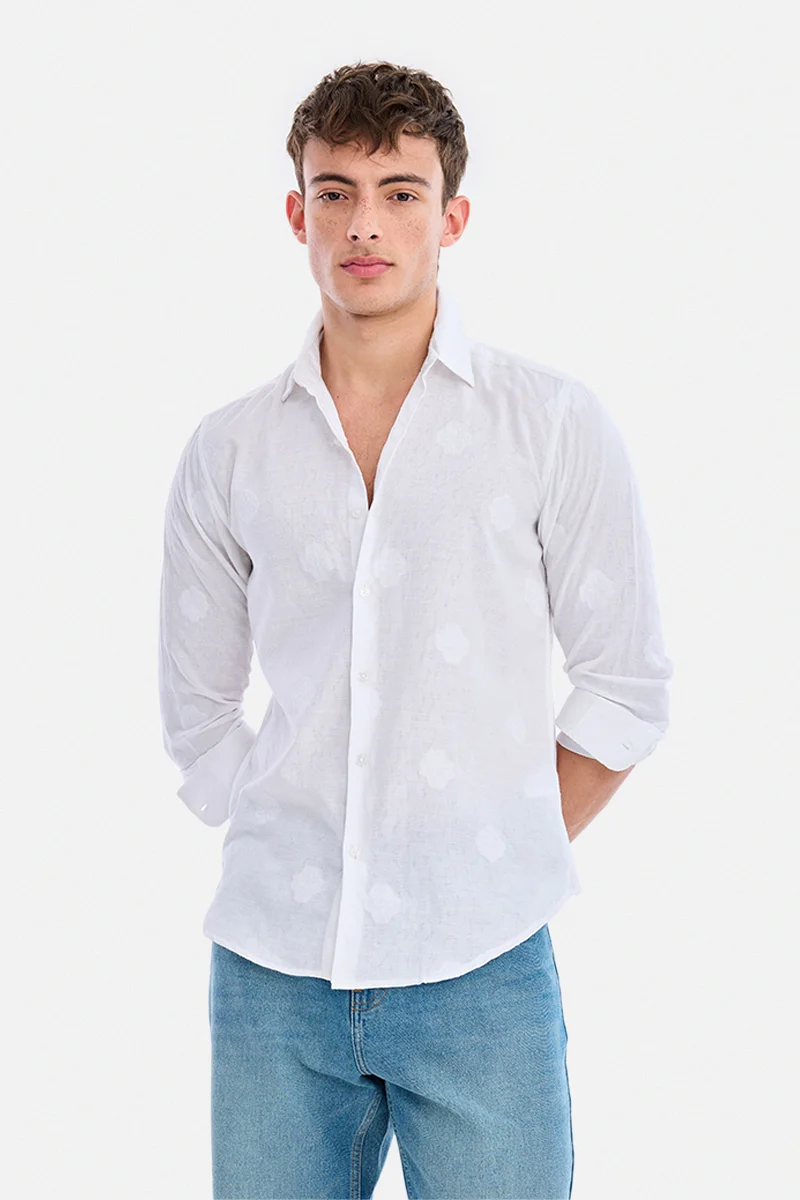 سنيتش White Textured Long Sleeve Slim Fit Casual Shirt