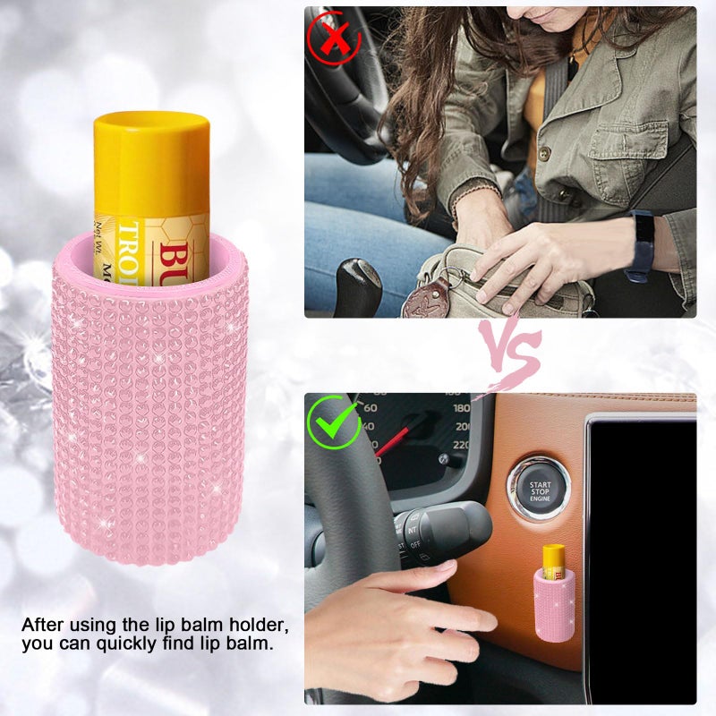xbrtaia 1 Pack Upright Car Chapstick Holder, Bling Insulating Lip Balm Holder,Rhinestone Car Accessories for Women Interior,Suitable for Most Vehicles.(Pink) - Image 3