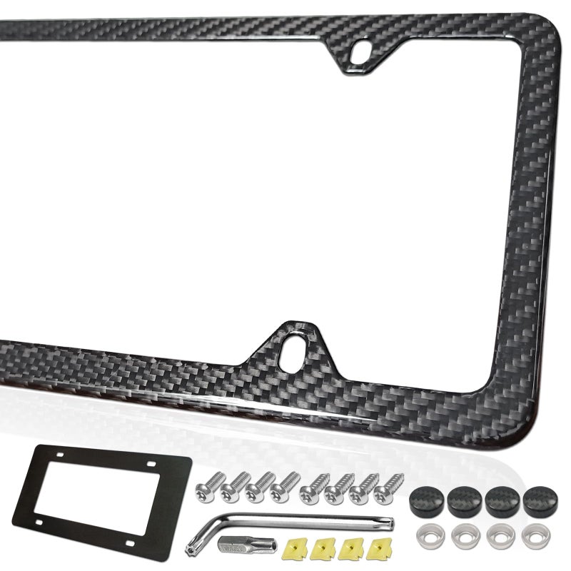 FBJTDQ Carbon Fiber License Plate Frame Stainless Steel Car Tag Holder Wrapped with Real Carbon Fiber 4 Hole Slim Design AntiTheft Screws Caps RattleProof Pad 1 Pack for Front or Rear - Image 2