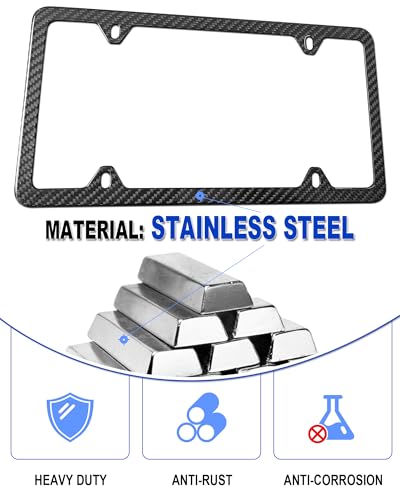 FBJTDQ Carbon Fiber License Plate Frame Stainless Steel Car Tag Holder Wrapped with Real Carbon Fiber 4 Hole Slim Design AntiTheft Screws Caps RattleProof Pad 1 Pack for Front or Rear - Image 3