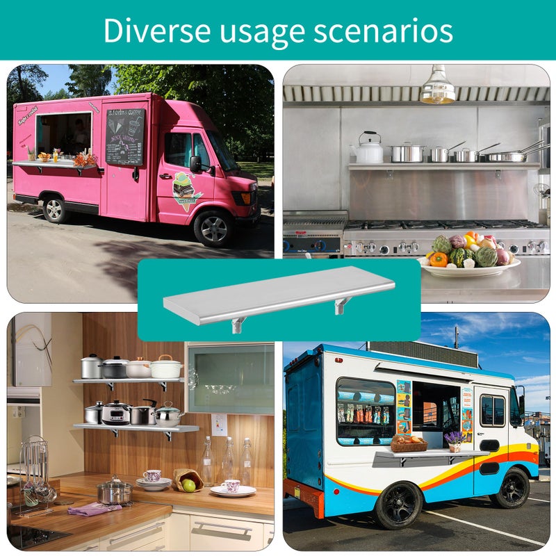 Picesa Concession Shelf 48"L x 12"Wï¼Œ22 gauge ASTM 304 Stainless Steel Folding Serving Food Shelves ï¼ŒWall Mount Shelving , Stainless Steel Shelf For Food Truck, grill area,BBQ working table, Restaurant .NSF - Image 5