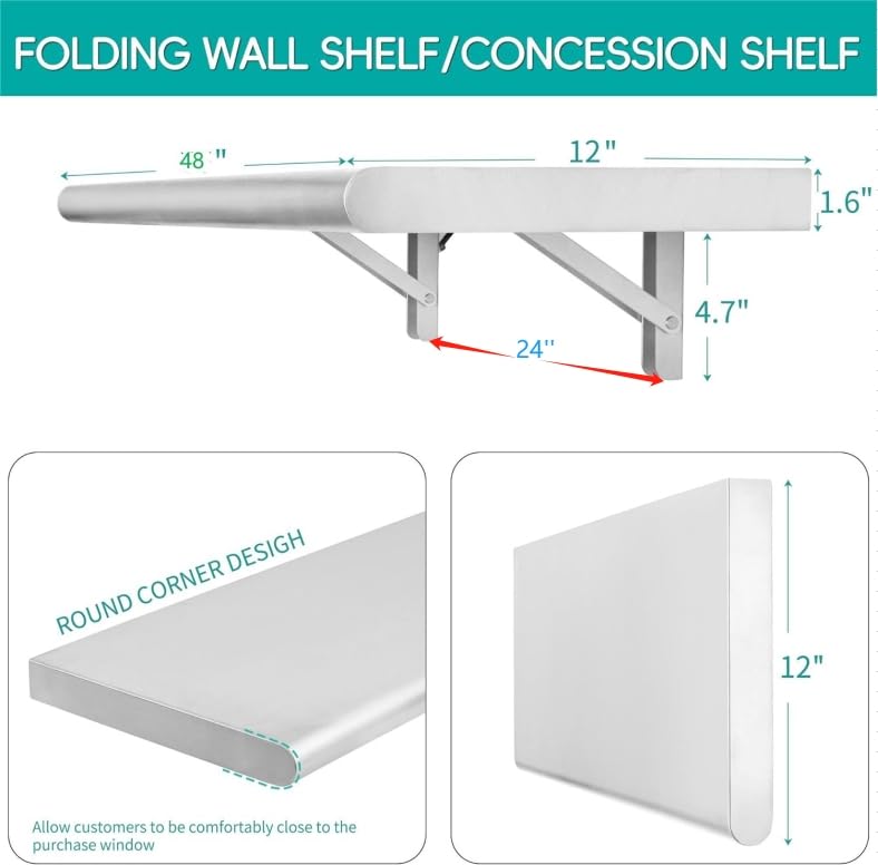 Picesa Concession Shelf 48"L x 12"Wï¼Œ22 gauge ASTM 304 Stainless Steel Folding Serving Food Shelves ï¼ŒWall Mount Shelving , Stainless Steel Shelf For Food Truck, grill area,BBQ working table, Restaurant .NSF - Image 2