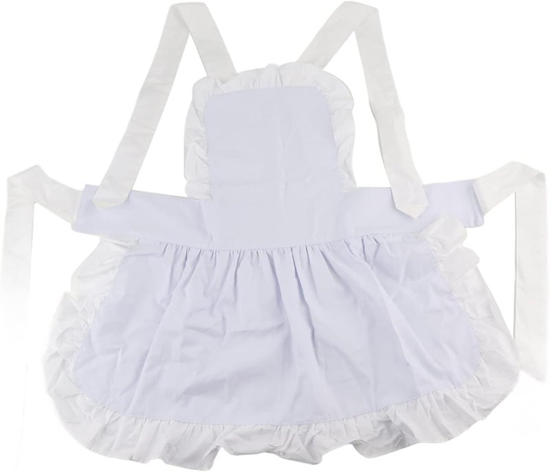 White Cotton Maid Apron for Women, Ruffle Hem, Solid Color, Adjustable Waist Strap - Durable Cotton Material, Elegant Styling, Ideal for Kitchen and Bar Use - Image 1