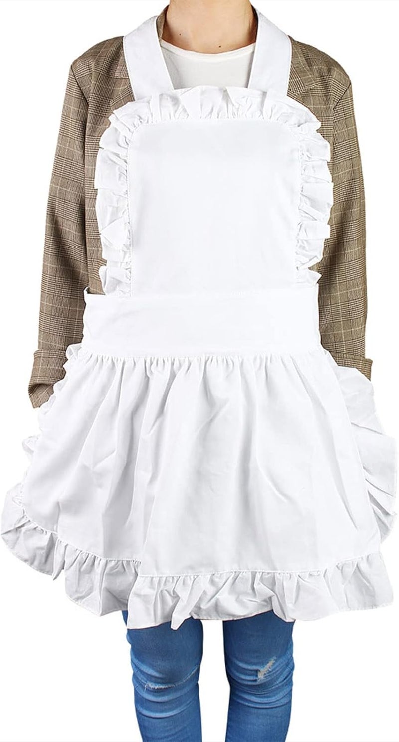 White Cotton Maid Apron for Women, Ruffle Hem, Solid Color, Adjustable Waist Strap - Durable Cotton Material, Elegant Styling, Ideal for Kitchen and Bar Use - Image 5