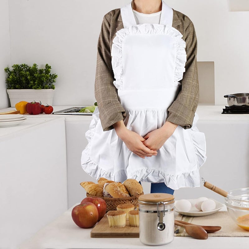 White Cotton Maid Apron for Women, Ruffle Hem, Solid Color, Adjustable Waist Strap - Durable Cotton Material, Elegant Styling, Ideal for Kitchen and Bar Use - Image 2