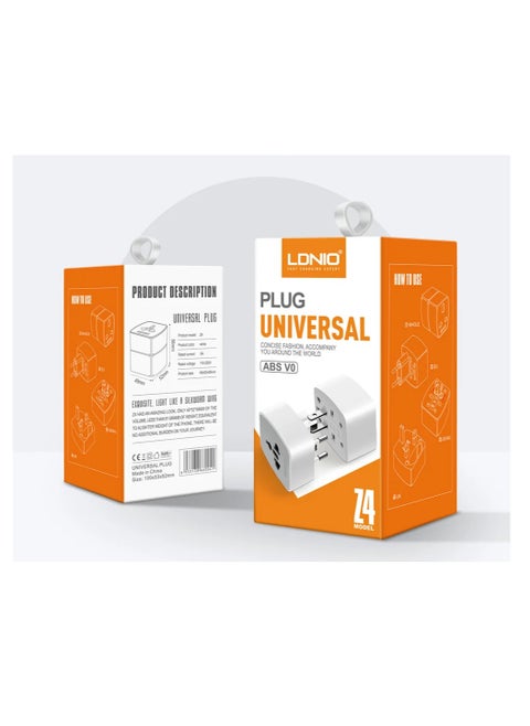 Z4 Universal Plug Adapter ABS VO With UK/EU/US/AU Pin & 2 Universal Socket (6A) - White