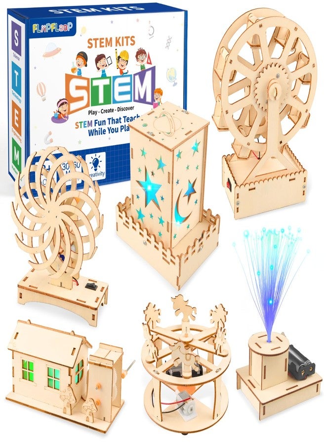 FliipFlaap 6-in-1 STEM Science Kits for Kids, Wood Arts and Craft Kits, STEM Toys for Boys Girls Age 8-12 5-7 8 10 12 13 14 Gift Idea, 3D Puzzles Building Engineering Model Set - Image 1