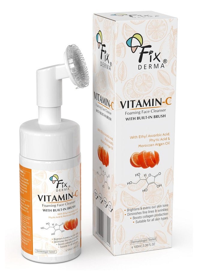 FIXDERMA 2% Vitamin C Face Wash Foaming Face Cleanser With Brush Face Wash For Women & Men Evens Skin Tone Reduces Fine Lines & Wrinkles Exfoliates The Skin 100Ml  - Image 1