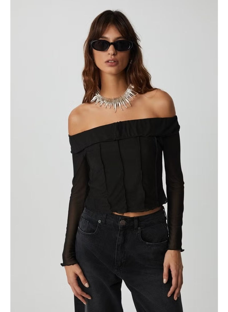 GRIMELANGE Nerys Women's Strapless Neck Open Shoulder Long Sleeve Slim Fit Black Blouse - Image 1