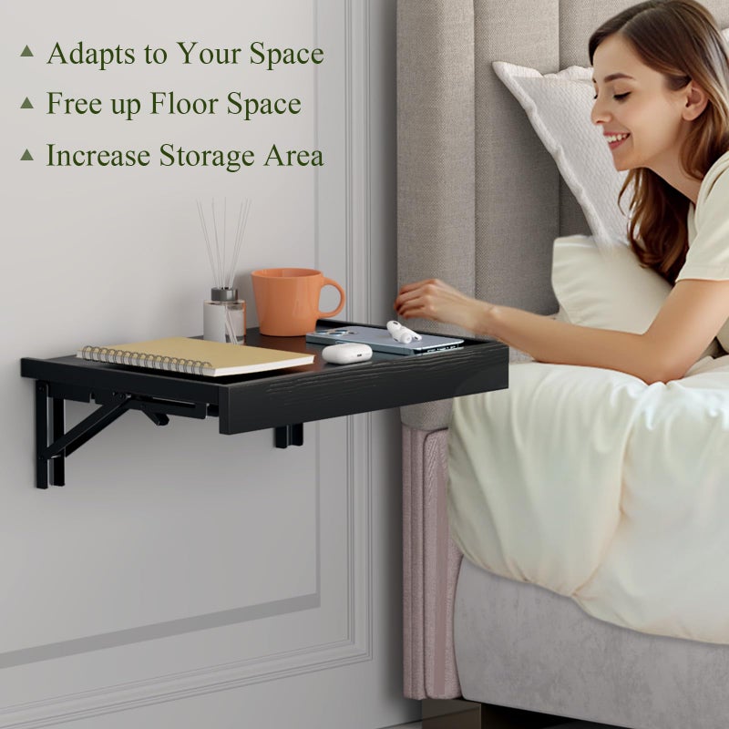 TEAMIX Floating Nightstand with Charging Station, Wall Mounted Folding Bedside Shelf Combo Nightstand with Led Light USB Type C Ports, Space Saving Bed Side Tray Storage for Bedroom, Living Room, Dorm - Image 2