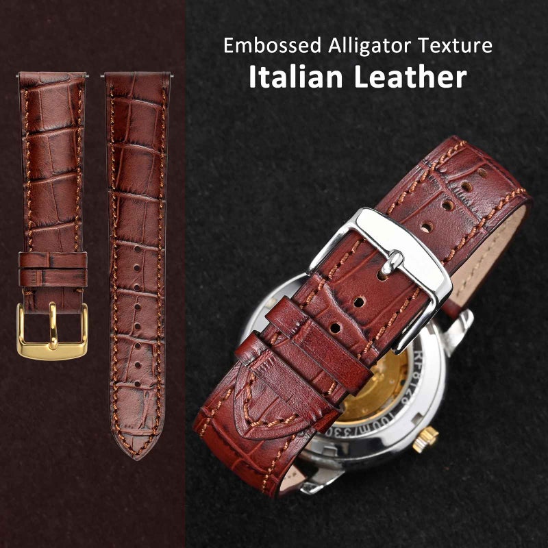 WOCCI 20mm Watch Band, Italian Leather, Embossed Alligator Grain, Gold Buckle (Brown) - Image 2