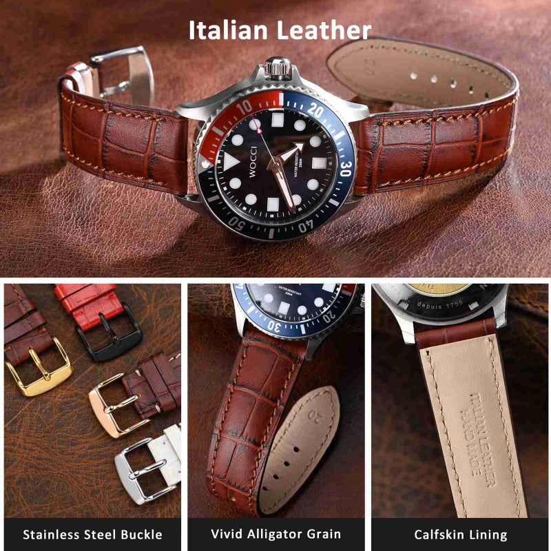 WOCCI 20mm Watch Band, Italian Leather, Embossed Alligator Grain, Gold Buckle (Brown) - Image 3