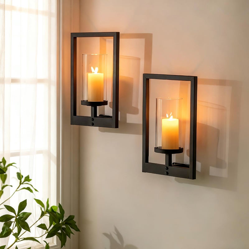 Walasis Black Candle Sconces Wall Decor: Set of 2 Metal Morden Style Frame Wall Candle Holder with Hurricane - Wall Mounted Minimalism Decorations for Living Room Hallway - Image 4